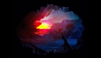 📱夕日が見える洞窟のイラスト iPhone 14 壁紙・待ち受け