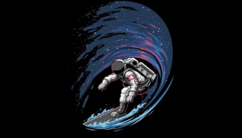 📱宇宙 サーフィンをする宇宙飛行士 イラスト iPhone 14 Plus 壁紙・待ち受け