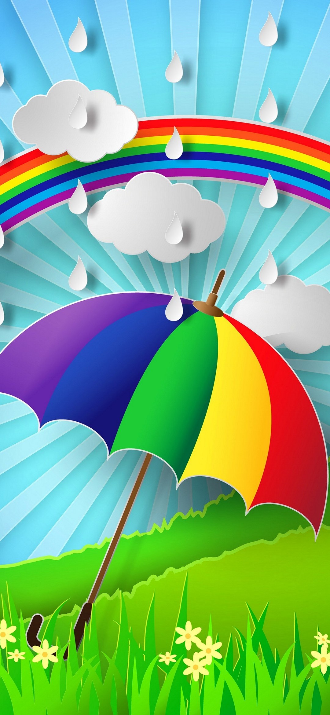 虹色の傘 草原 虹 雨 イラスト Google Pixel 5 Android 壁紙 待ち受け スマラン