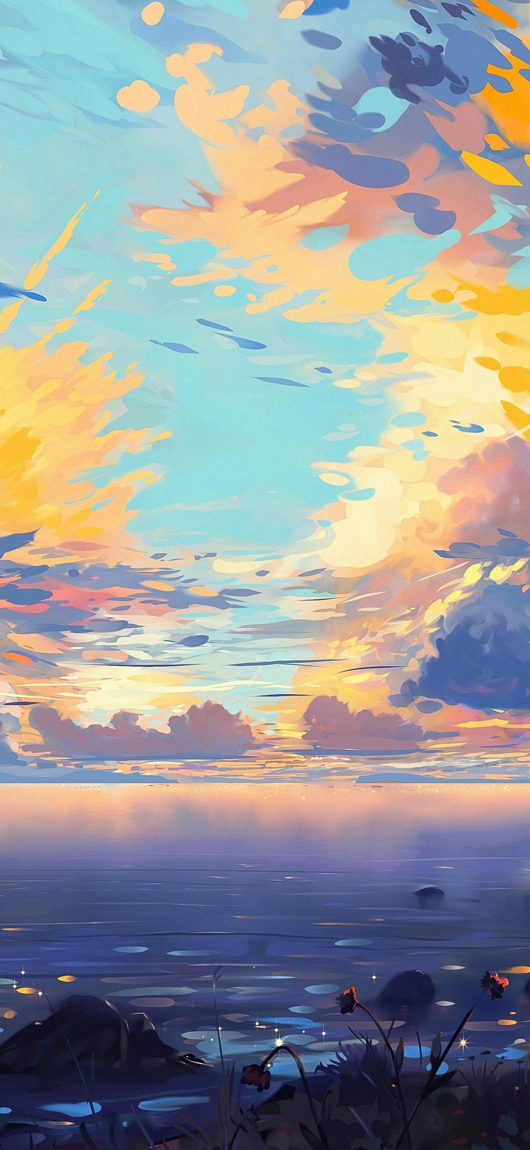 水色と黄色の空と海のイラスト Iphone 12 Mini 壁紙 待ち受け Sumaran