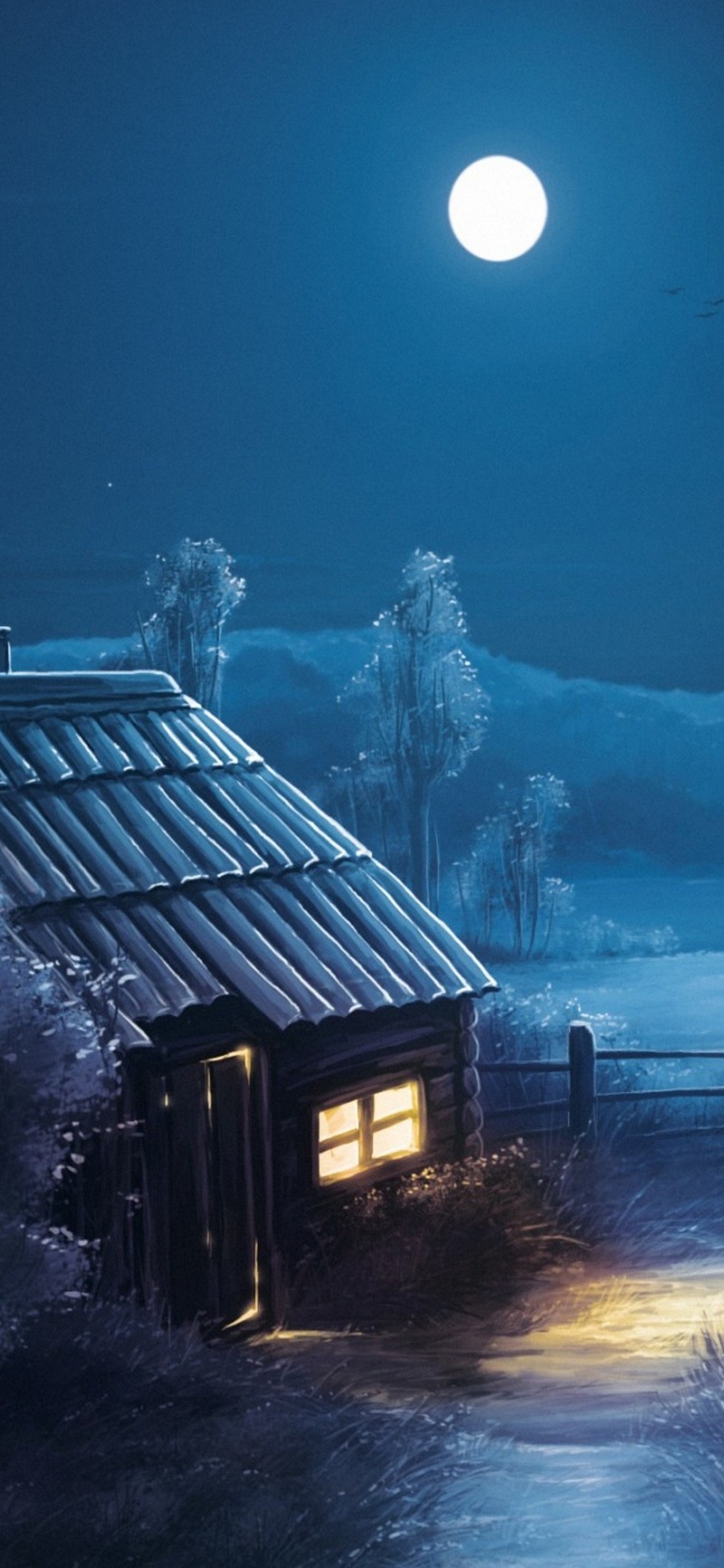 夜の小屋と雪景色と満月 Find X Android 壁紙 待ち受け Sumaran