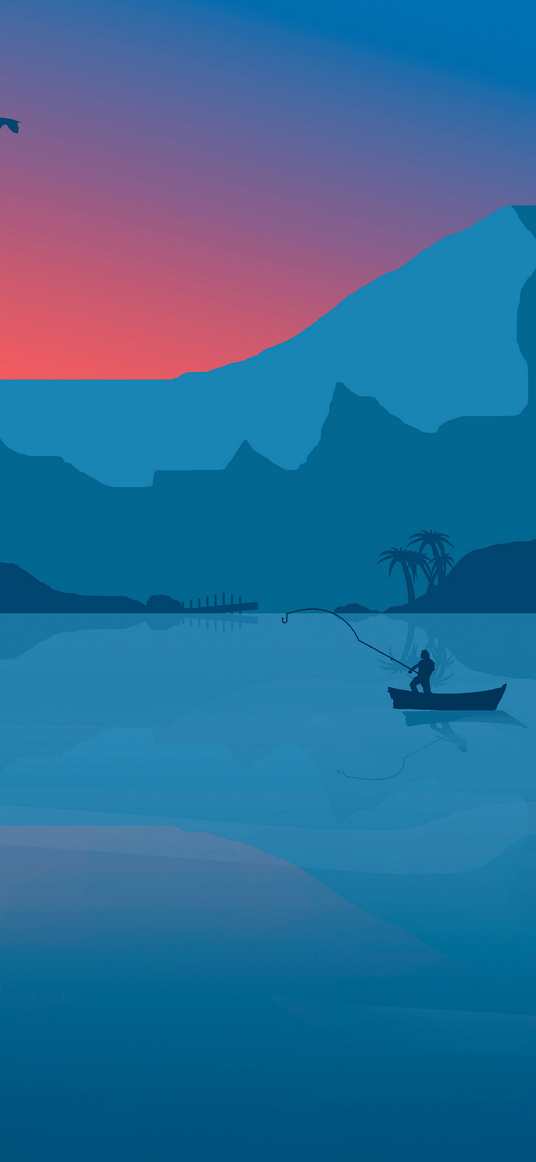 夕暮れ時の釣り人 湖のイラスト Google Pixel 4a Android スマホ壁紙 待ち受け スマラン