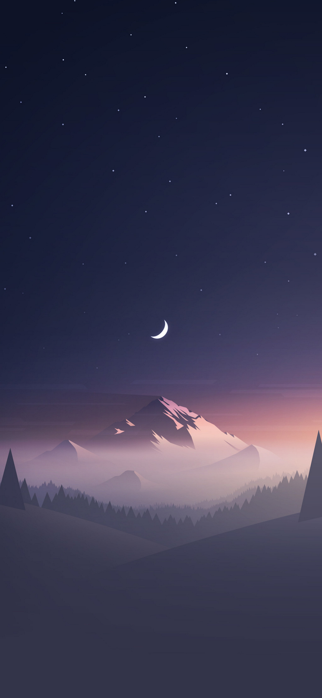 綺麗な星空と三日月と雪山のイラスト Google Pixel 5 Android スマホ壁紙 待ち受け スマラン