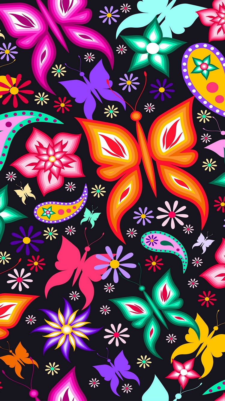 蝶や花のイラスト 黒の背景 Iphone 7 スマホ壁紙 待ち受け スマラン