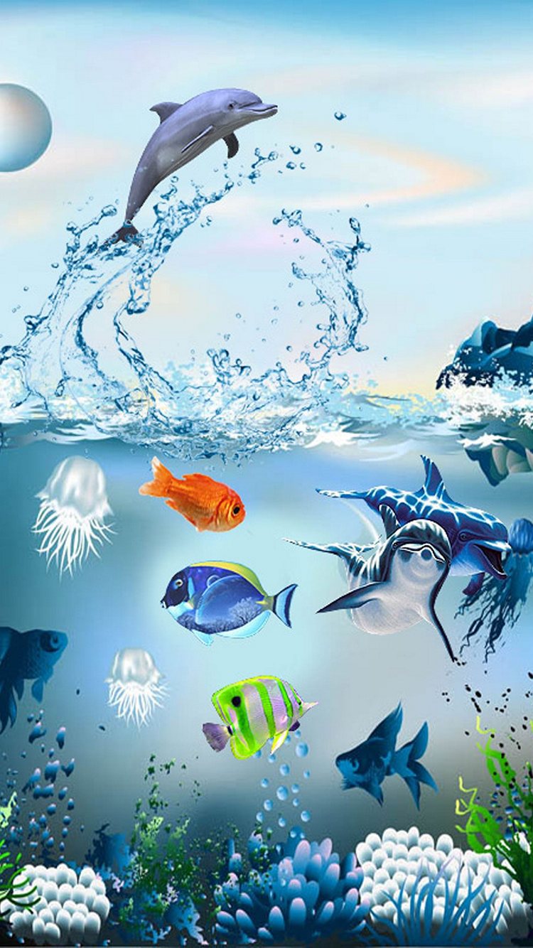 海 ジャンプするイルカ 水中の熱帯魚 金魚 クラゲ Iphone 6s スマホ壁紙 待ち受け スマラン