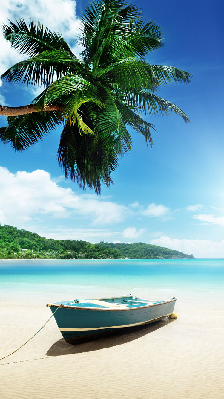 夏空 椰子の木 水色のボート 綺麗な海 Iphone 8 スマホ壁紙 待ち受け スマラン
