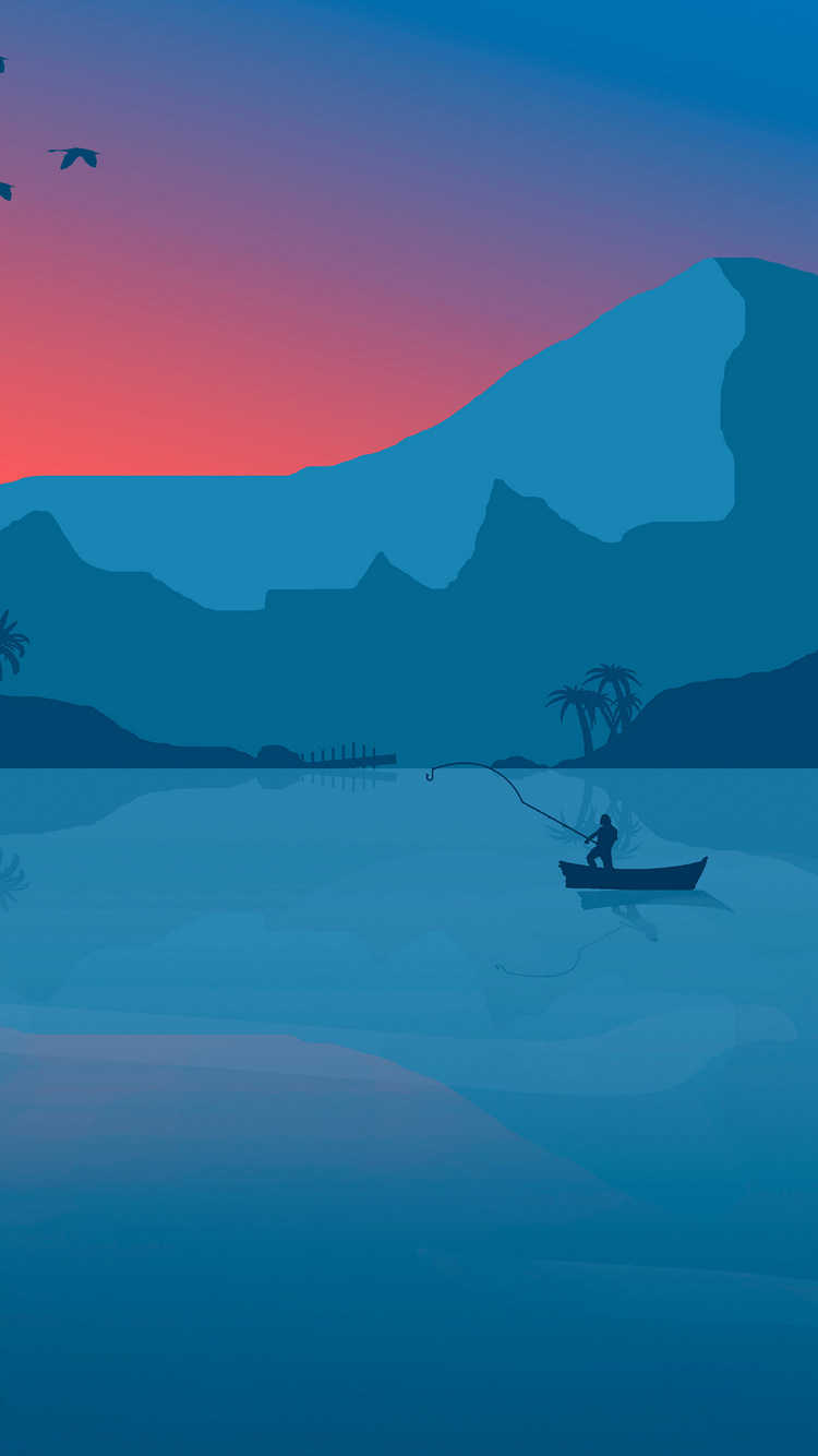 夕暮れ 山脈 湖 釣り人のイラスト Iphone Se 第2世代 壁紙 待ち受け Sumaran
