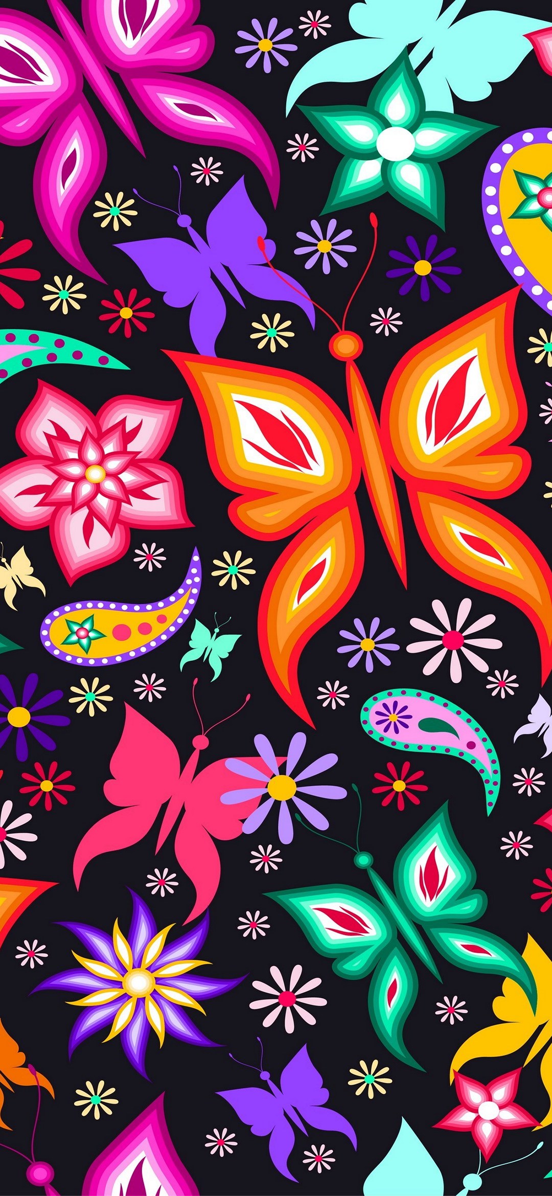 カラフルな蝶と花のアート 黒地 Libero 5g Androidスマホ壁紙 待ち受け スマラン
