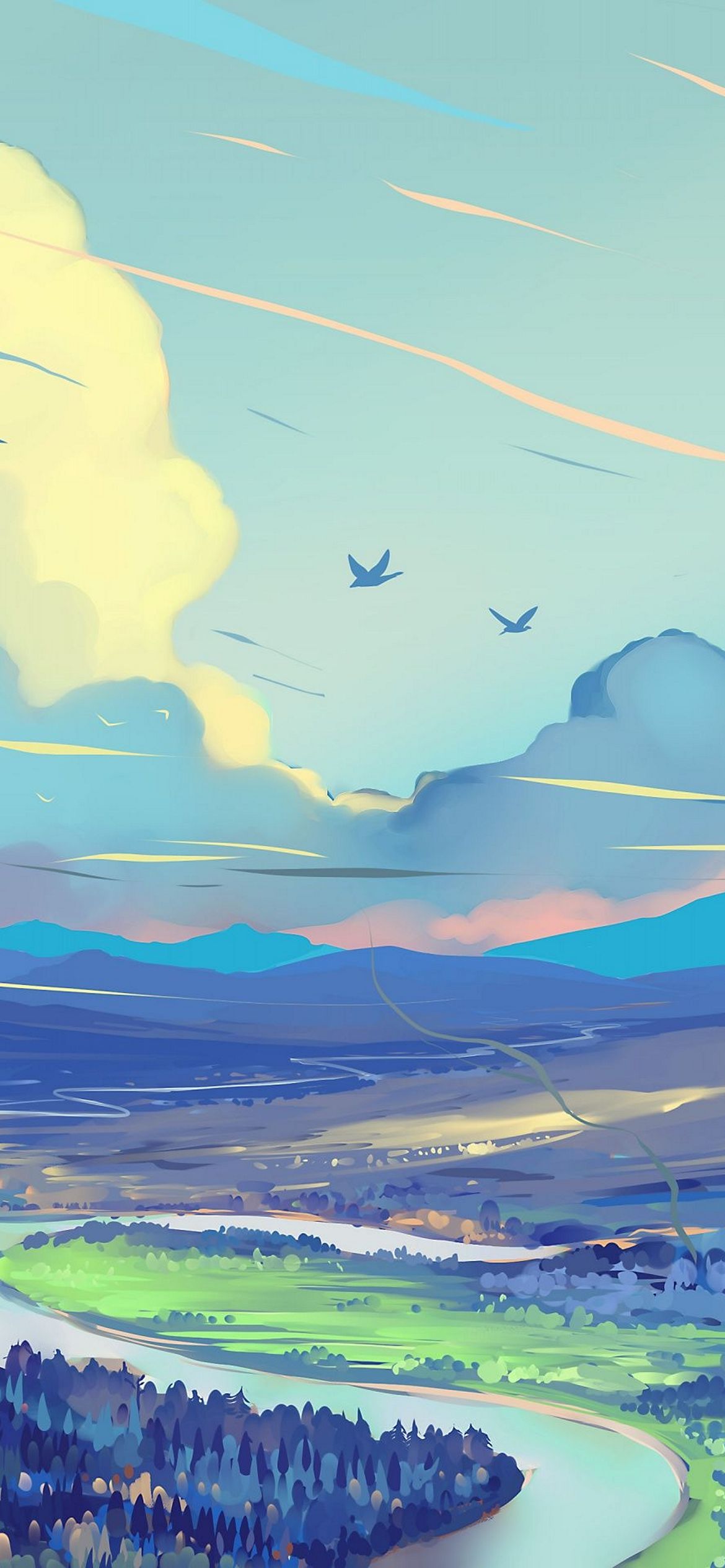 雲と田園 青い鳥 イラスト Iphone 12 Pro スマホ壁紙 待ち受け スマラン