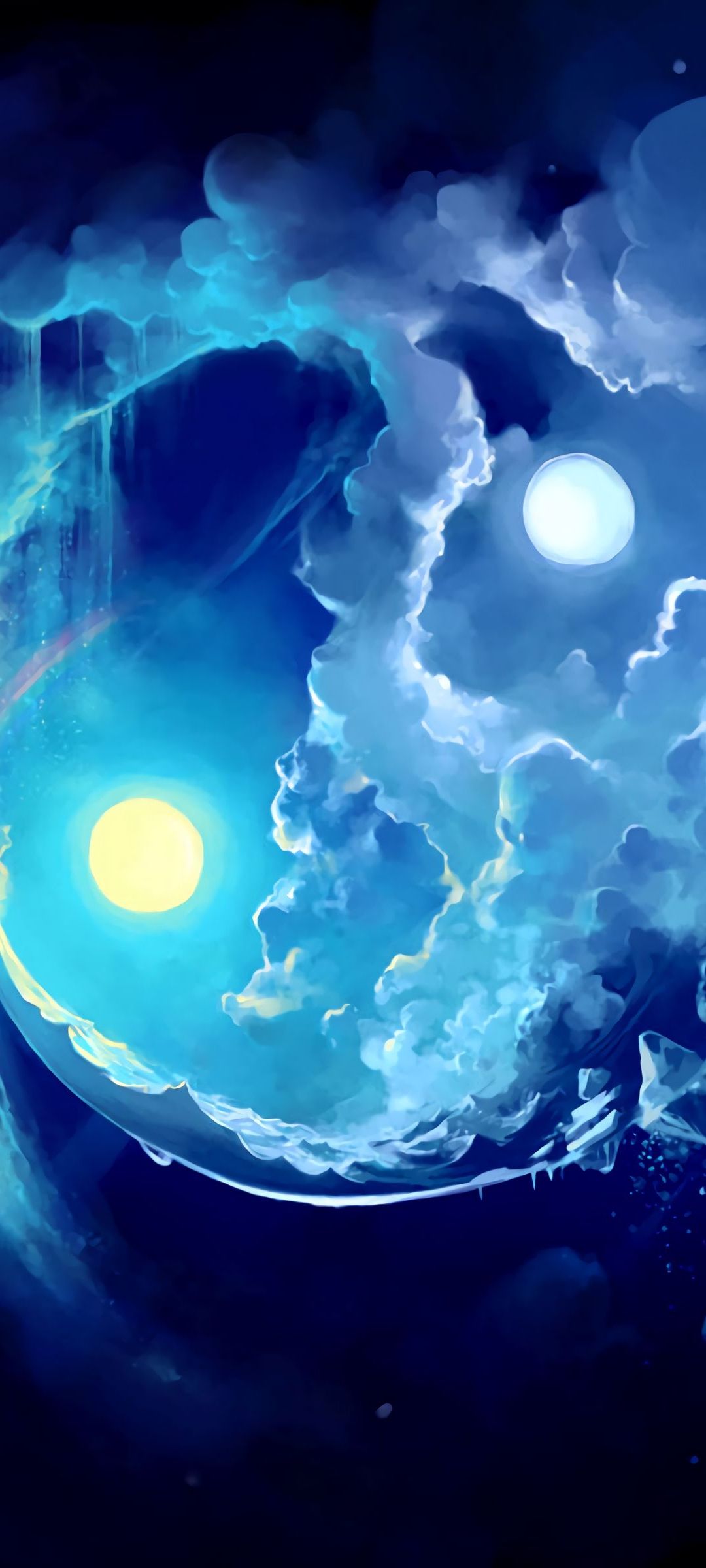 黄色の月と青い空と煙のような雲 Oppo Reno3 A Androidスマホ壁紙 待ち受け スマラン