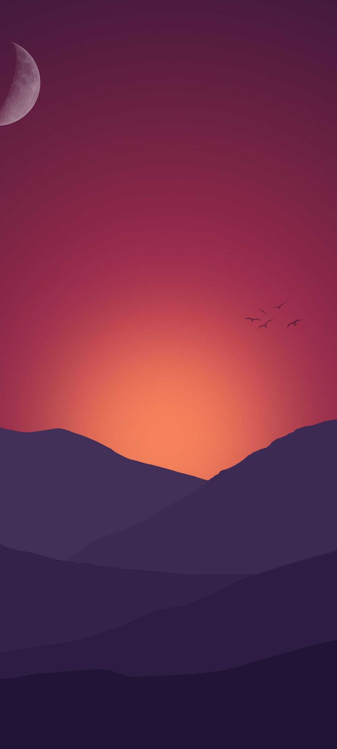 赤いグラデーションの空 月と渡り鳥 山 Oppo Reno3 A Androidスマホ壁紙 待ち受け スマラン