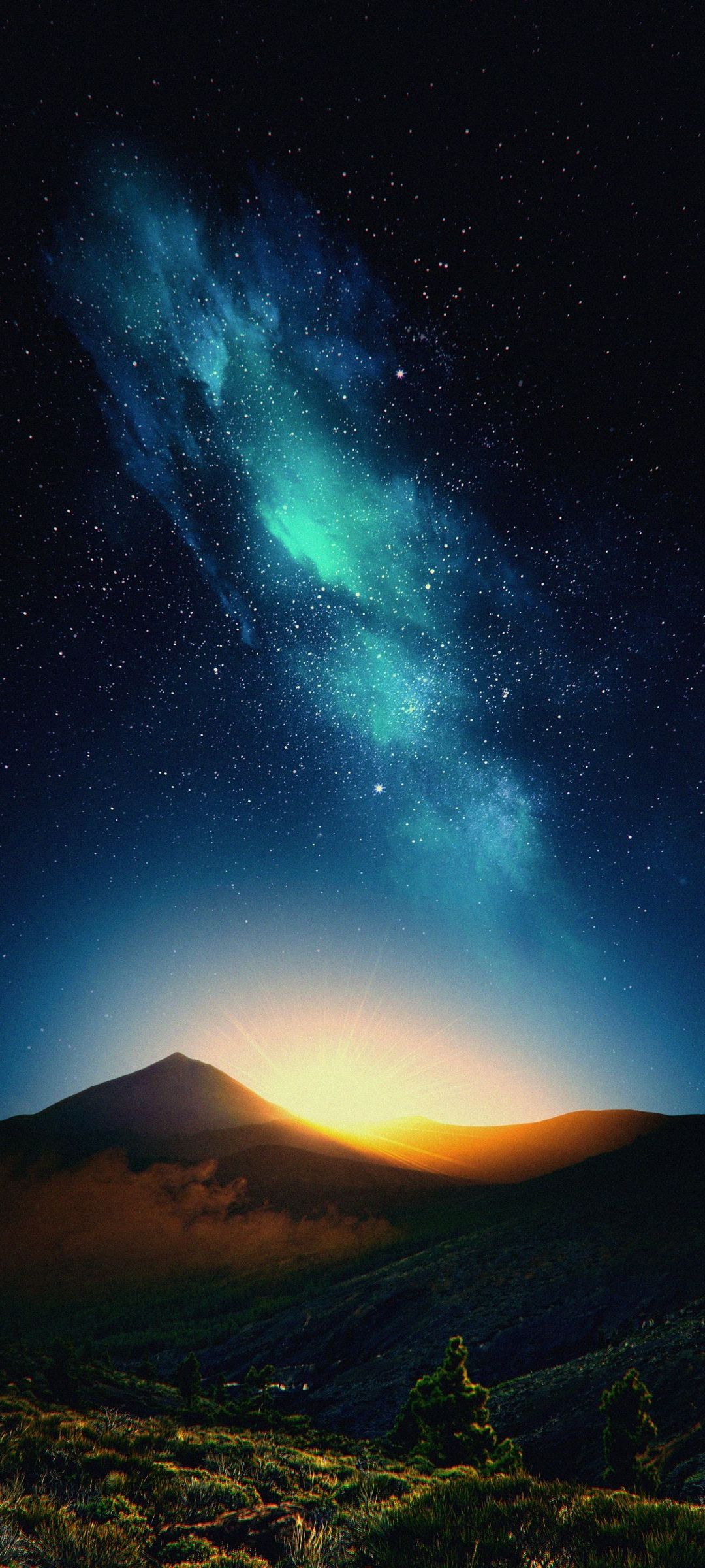 綺麗な青い銀河とオレンジに染まる山 Oppo Reno3 A Androidスマホ壁紙 待ち受け スマラン