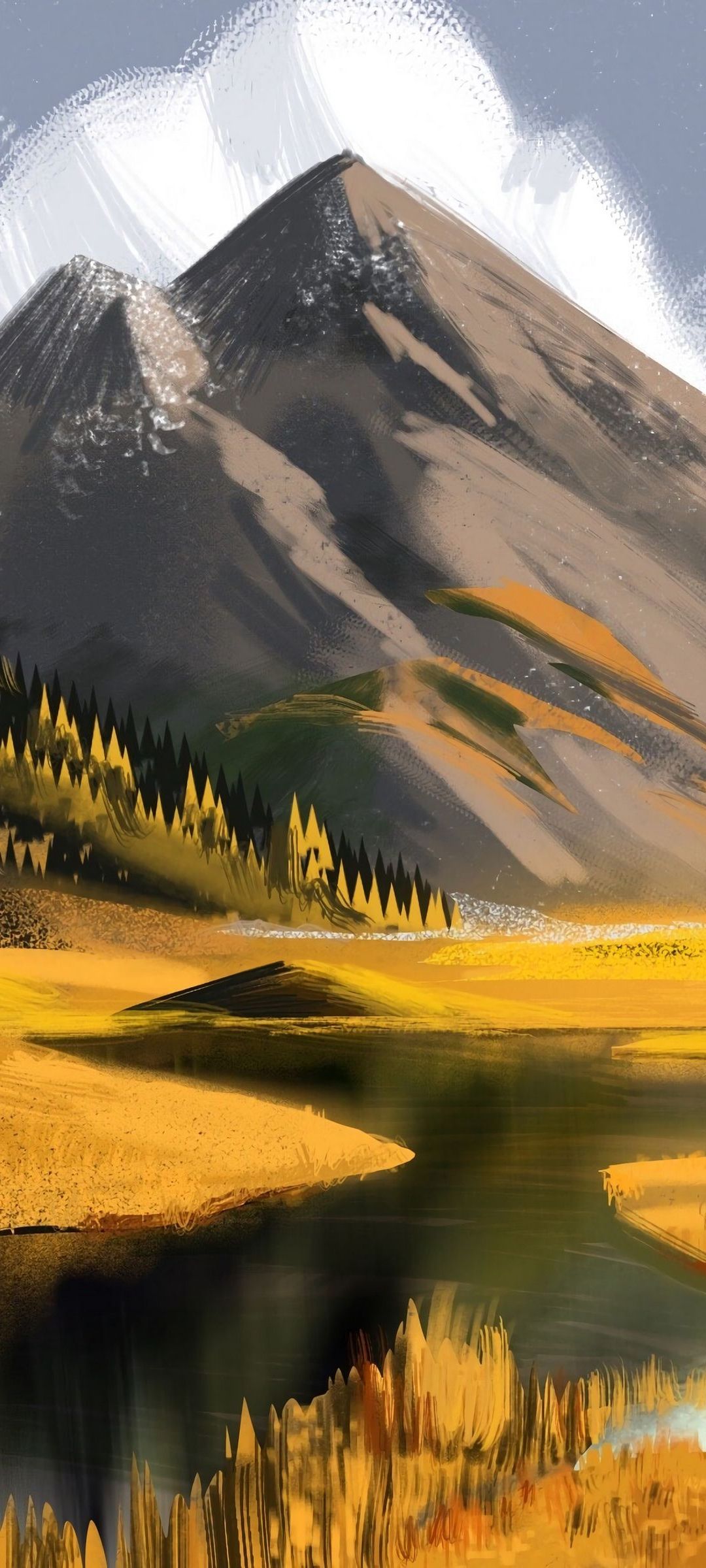 茶色の山 黄色い木 川 Oppo Reno3 A Androidスマホ壁紙 待ち受け スマラン
