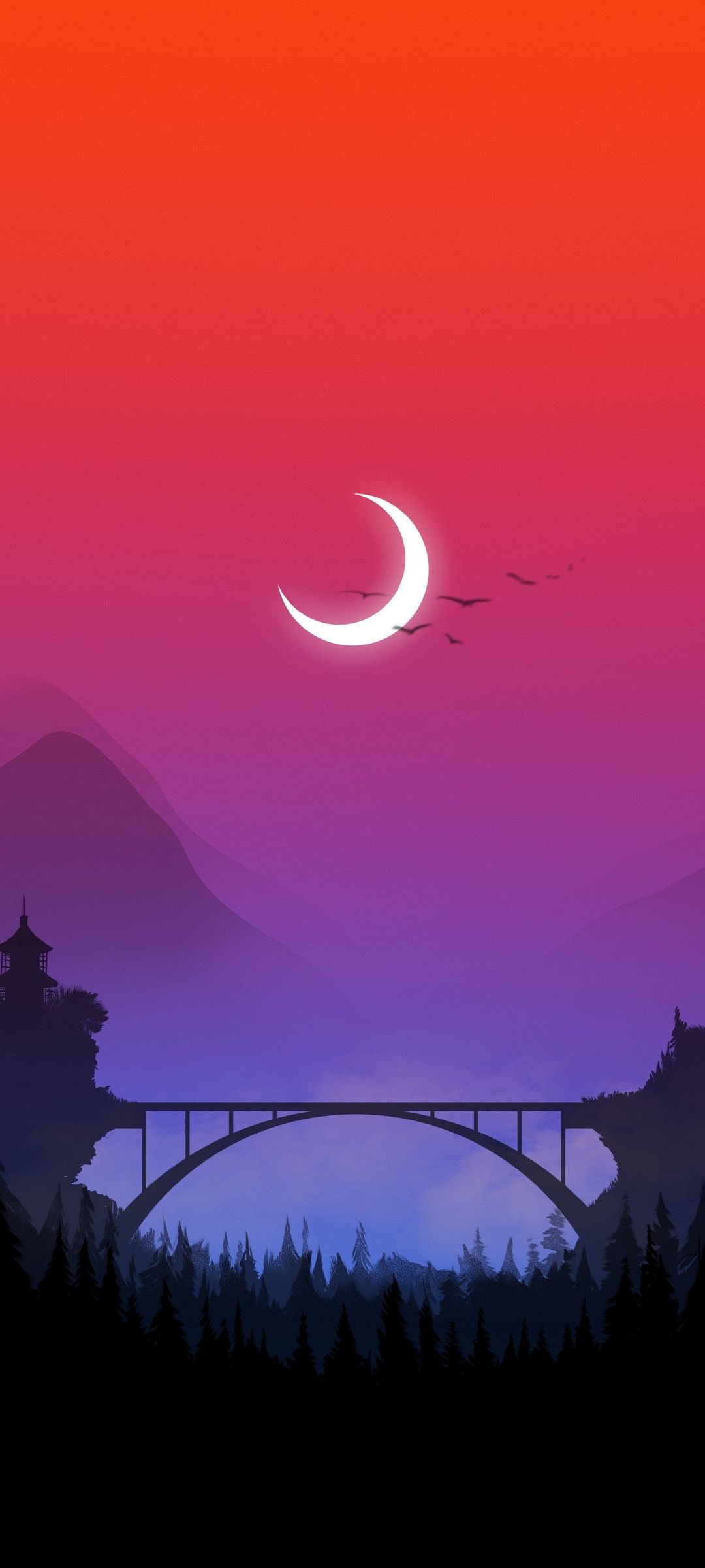 三日月 渡り鳥 赤い空 鉄橋 イラスト Zenfone 7 Pro Androidスマホ壁紙 待ち受け スマラン