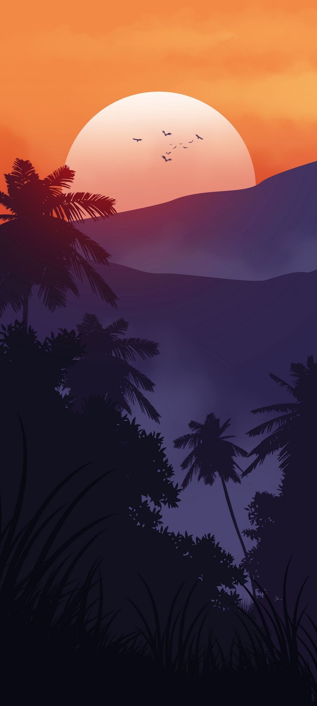 夕日と渡り鳥と山と森 イラスト Zenfone 7 Androidスマホ壁紙 待ち受け スマラン