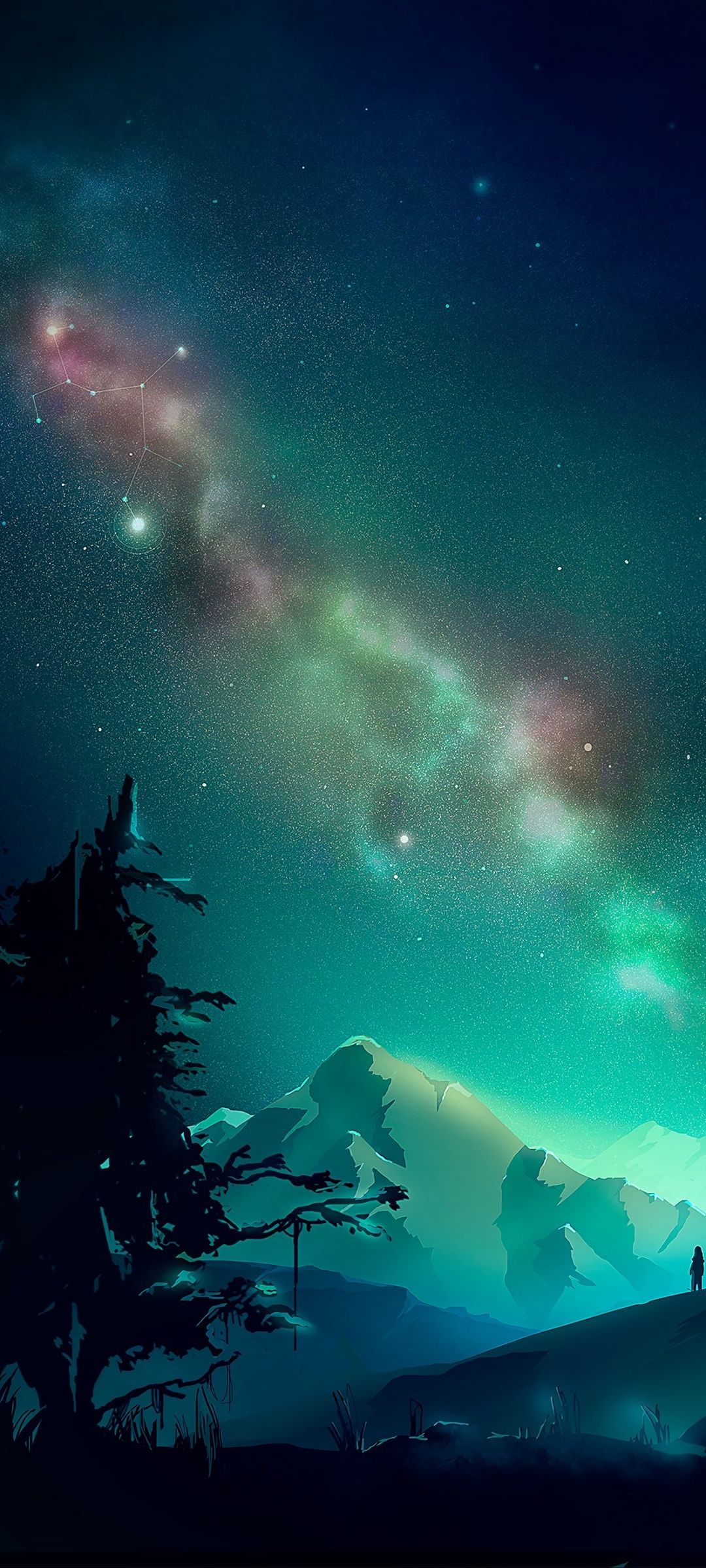 綺麗な緑の星空と雪山のアート Oppo Reno3 A Androidスマホ壁紙 待ち受け スマラン