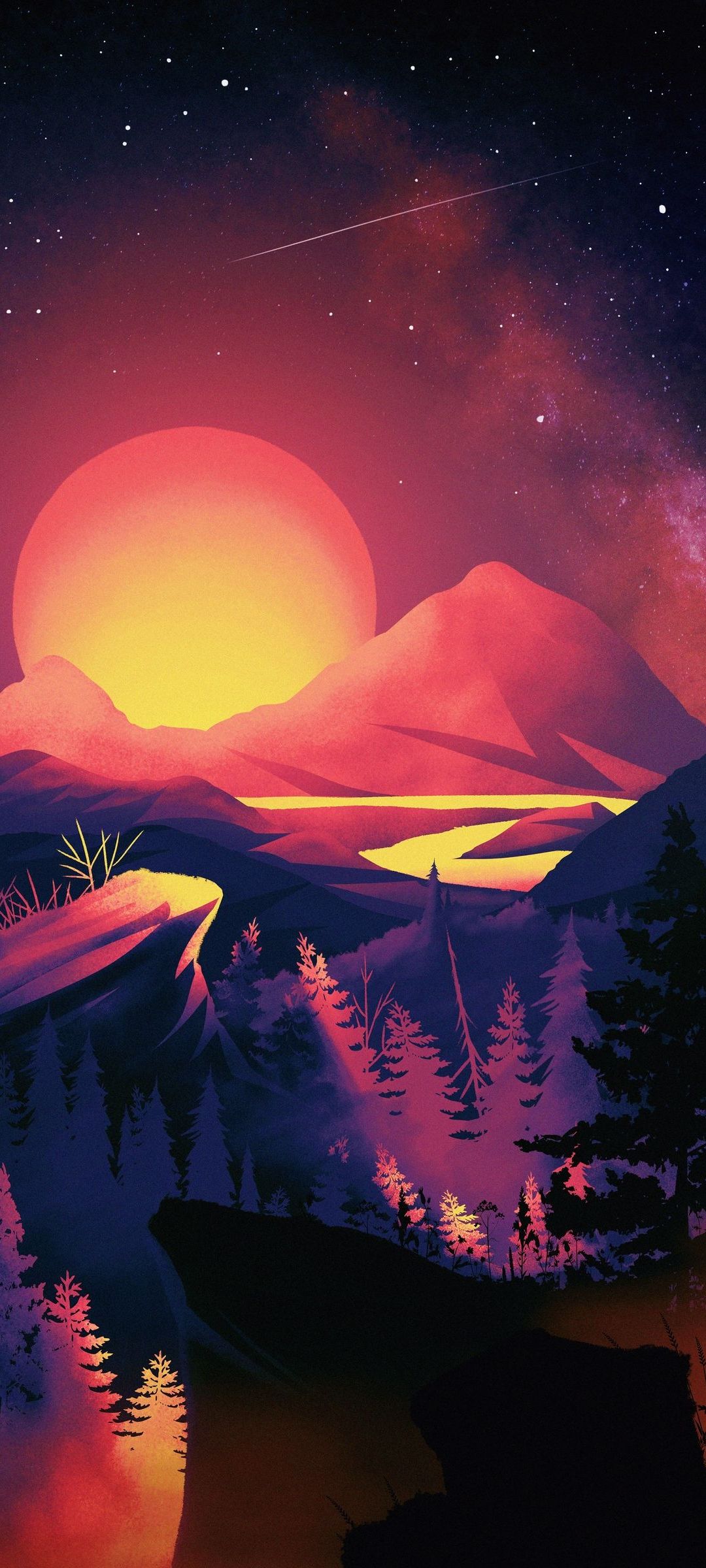 赤い太陽と山 イラスト Oppo Reno3 A Androidスマホ壁紙 待ち受け スマラン