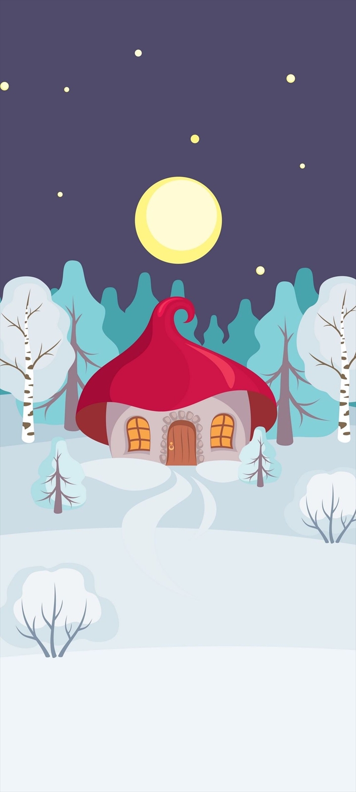 月と赤い屋根の家と雪の大地のイラスト Galaxy A32 5g 壁紙 待ち受け スマラン