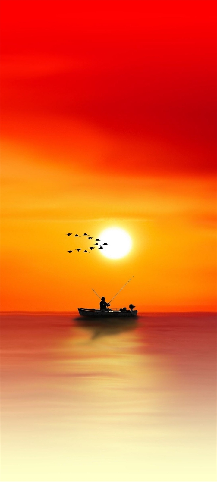 ボートで釣りをする人と渡り鳥と夕日 Moto G9 Play 壁紙 待ち受け スマラン