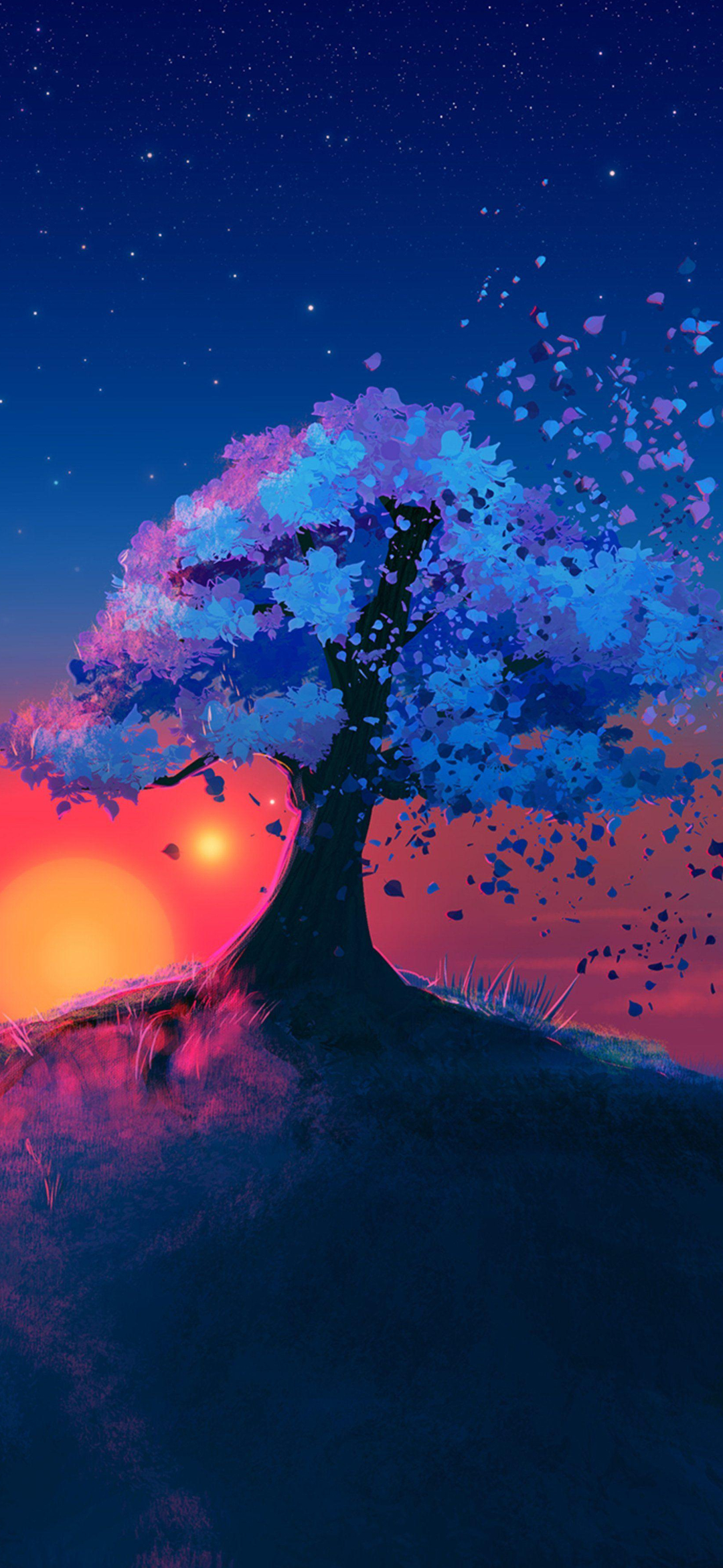 綺麗な木と青の星空のイラスト Find X Android スマホ壁紙 待ち受け スマラン