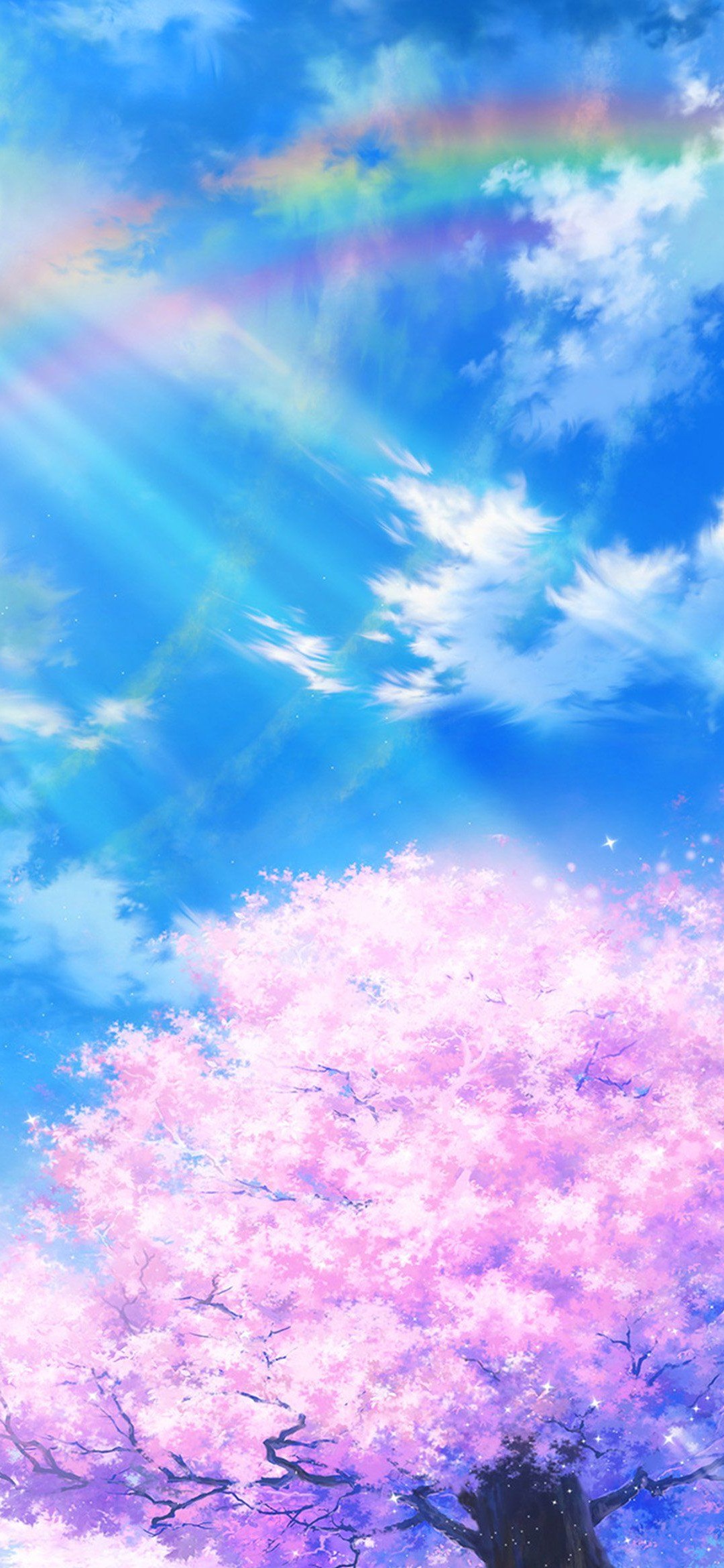 水色の綺麗な空と虹と桜のイラスト Iphone 12 Mini スマホ壁紙 待ち受け スマラン