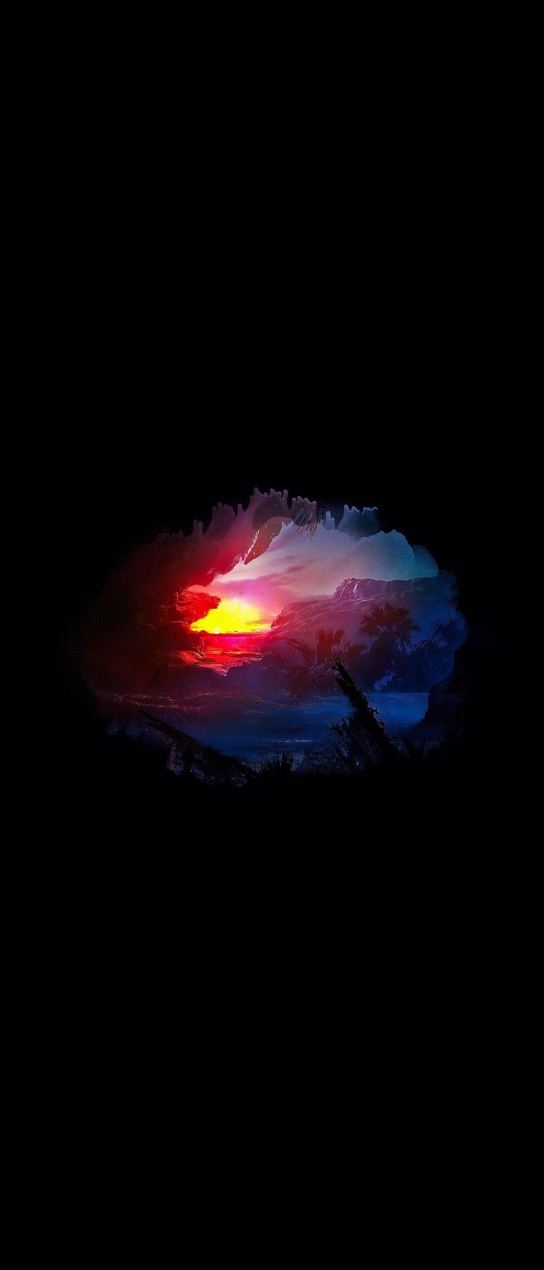 洞窟から見える綺麗な夕日がある風景 Moto G100 Androidスマホ壁紙 待ち受け スマラン