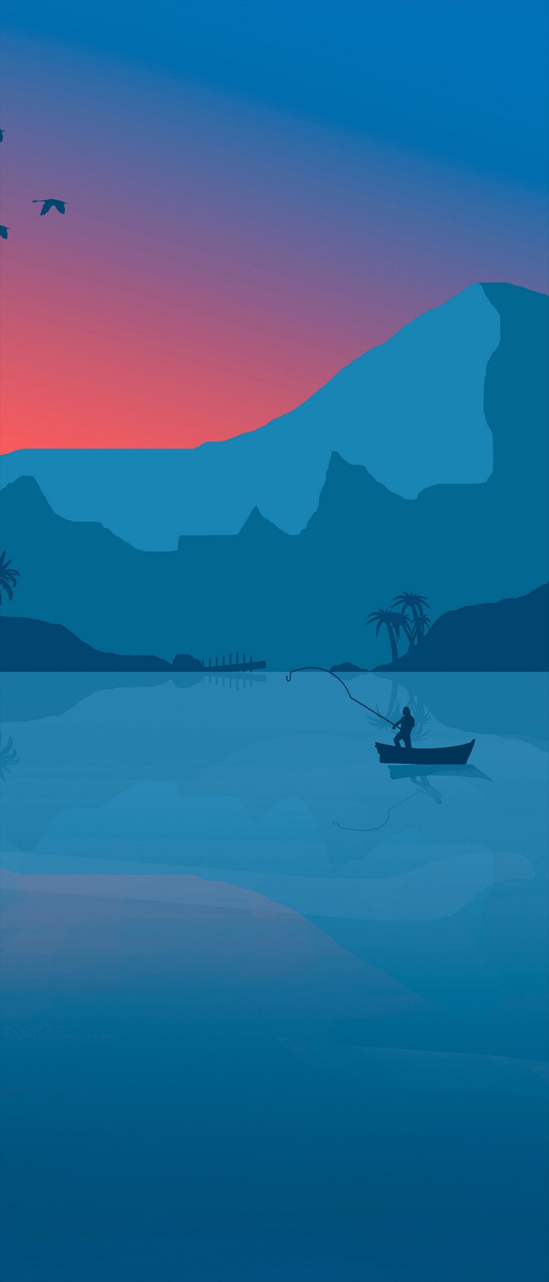 夕暮れ 湖で釣りをする人 イラスト Xperia 8 Lite Androidスマホ壁紙 待ち受け スマラン