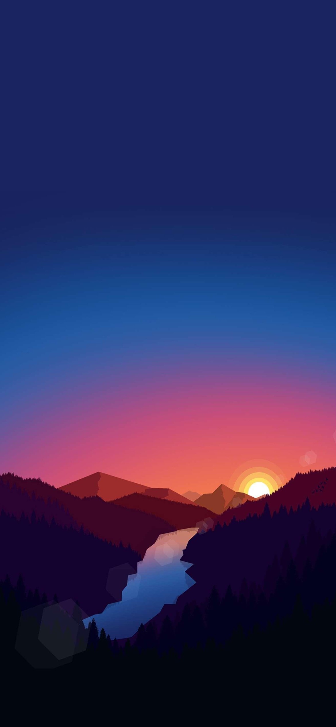 綺麗な夜空と夕日と茶色い山と森と川 Iphone 12 Pro スマホ壁紙 待ち受け スマラン
