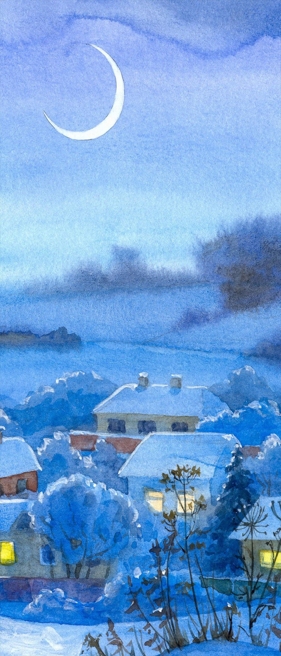雪景色 密集した家 三日月 イラスト Xperia 8 Lite 壁紙 待ち受け スマラン