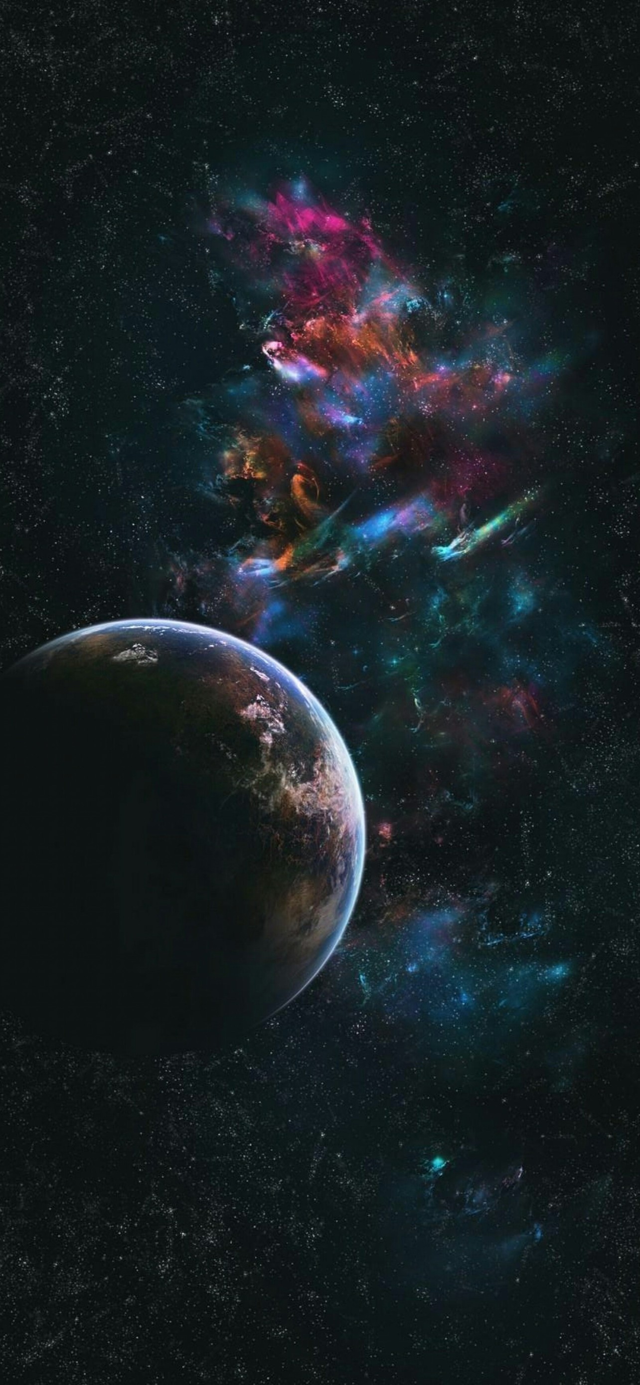 カラフルな宇宙と影ができている地球 Iphone 12 Pro Max スマホ壁紙 待ち受け スマラン