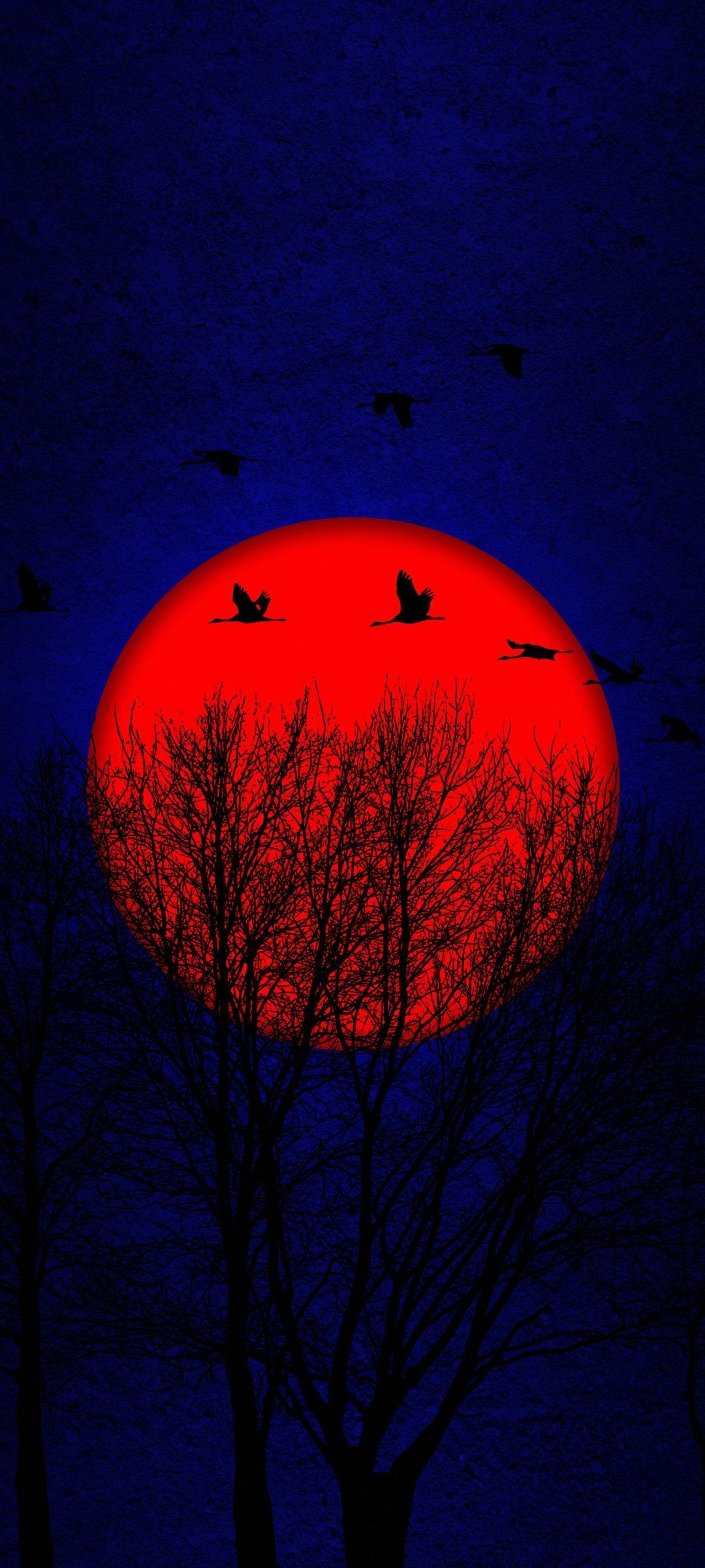 赤い月と鶴と枯れ木 Oppo Reno3 A Androidスマホ壁紙 待ち受け スマラン