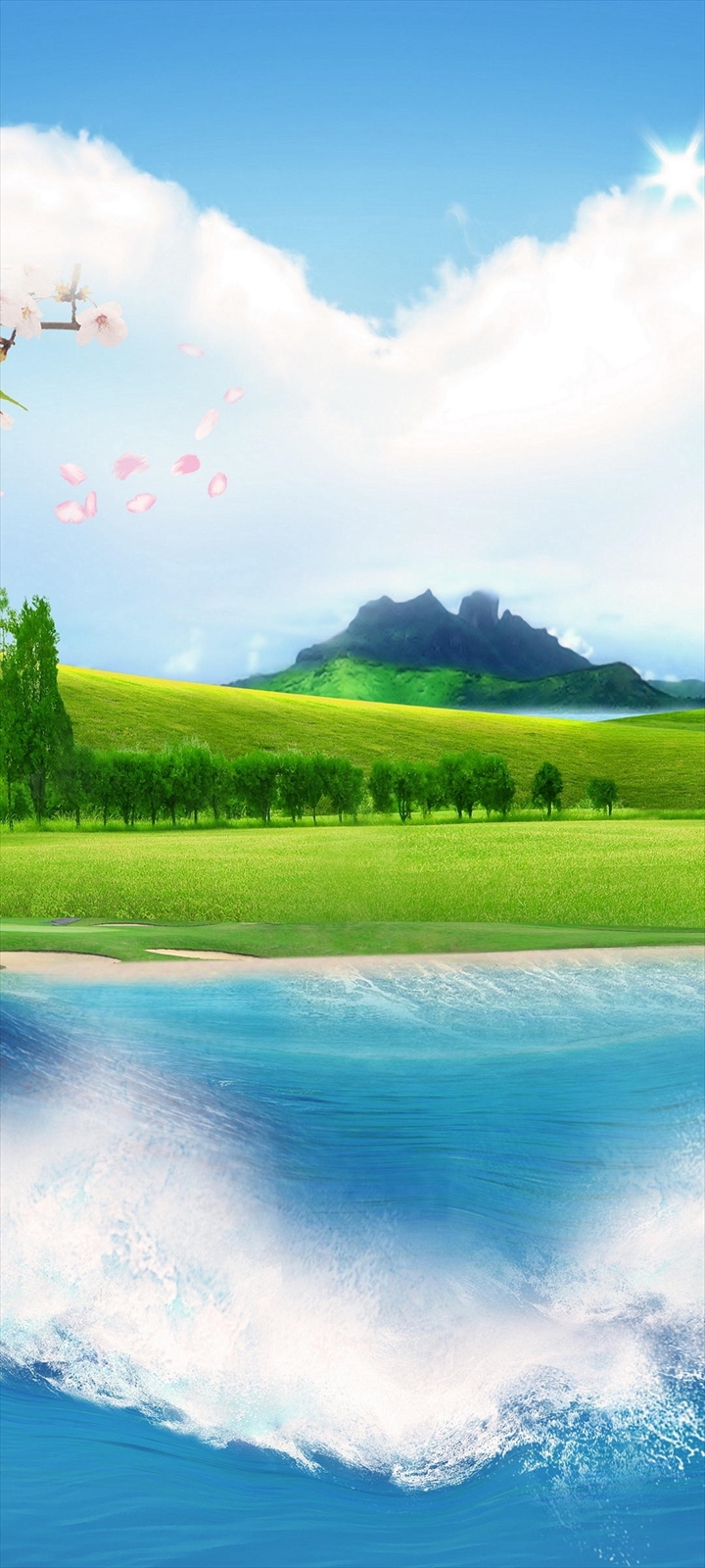 青空 山と緑の平原と海 Moto G30 Androidスマホ壁紙 待ち受け スマラン