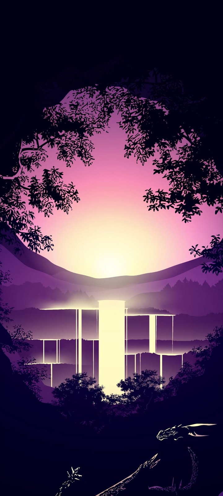 紫の景色 滝と森 Oppo A5 Androidスマホ壁紙 待ち受け スマラン