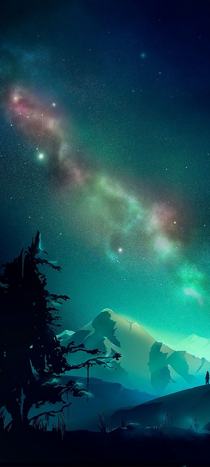 綺麗な緑の星空と雪山のアート Oppo A5 Androidスマホ壁紙 待ち受け スマラン