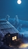 📱夜の小屋と雪景色と満月 Find X Android 壁紙・待ち受け