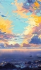 📱水色・黄色の空と沼地のイラスト iPhone 13 Pro 壁紙・待ち受け