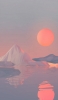 📱海に反射する夕日と雪山のイラスト iPhone 12 Pro 壁紙・待ち受け
