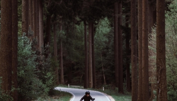 📱森の道路を疾走するバイク iPhone 13 Pro 壁紙・待ち受け