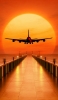 📱大きな夕日とフライトする飛行機 iPhone 7 壁紙・待ち受け