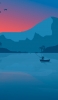 📱青と赤のグラデーションの空 湖で釣りをする人 iPhone 6 壁紙・待ち受け