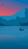 📱夕暮れ 山脈 湖 釣り人のイラスト iPhone SE (第3世代) 壁紙・待ち受け